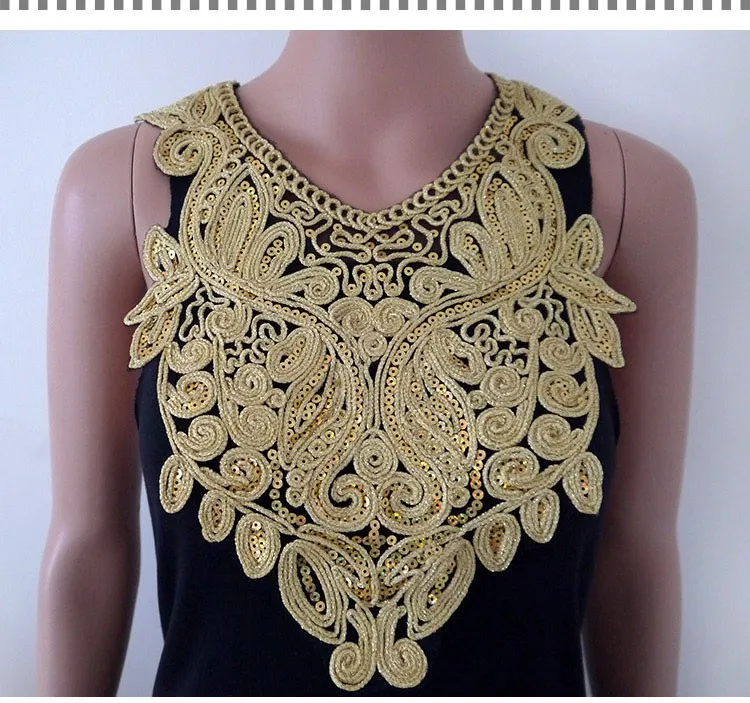 1pc Craft Gold collar Venise Sequin Floral Embroidered Applique Trim Decorated Lace Neckline Collar Sewing