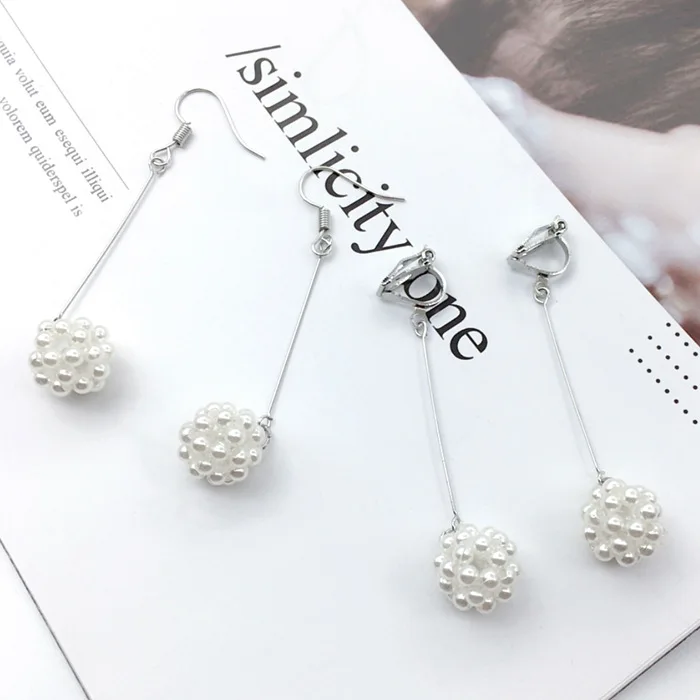Grace Jun New Springs Handmade Long Pearl Ball Clip on Earrings and Pierced Popular Student Earrings Luxury Jewelry Wholesale