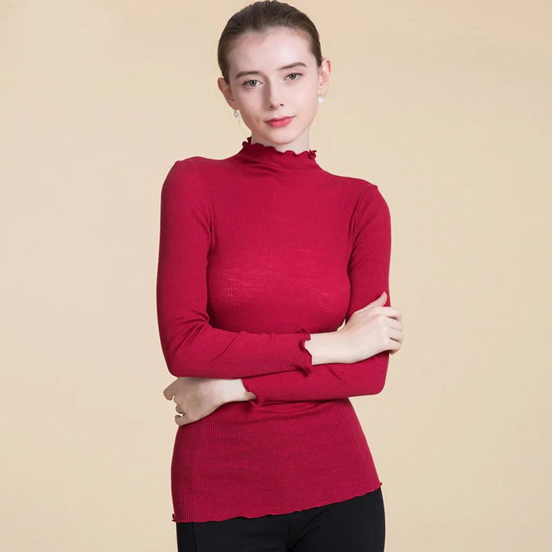 Pull à col roulé à manches longues pour femme, 100% laine, tricot côtelé, chemise à bascule noire, automne hiver 2021