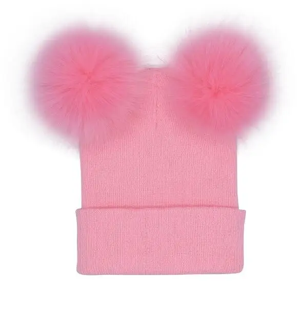 2022 beanie two faux fur pompom winter hat double fake fur pom pom ball knit beanie female cap ski bonnet