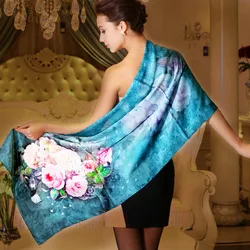 [BYSIFA] Ink Blue Women Scarf Shawl Autumn Winter Warm Pure Silk Scarf 178*52cm 100% Pure Silk Long Scarf Chinese Roses Scarves