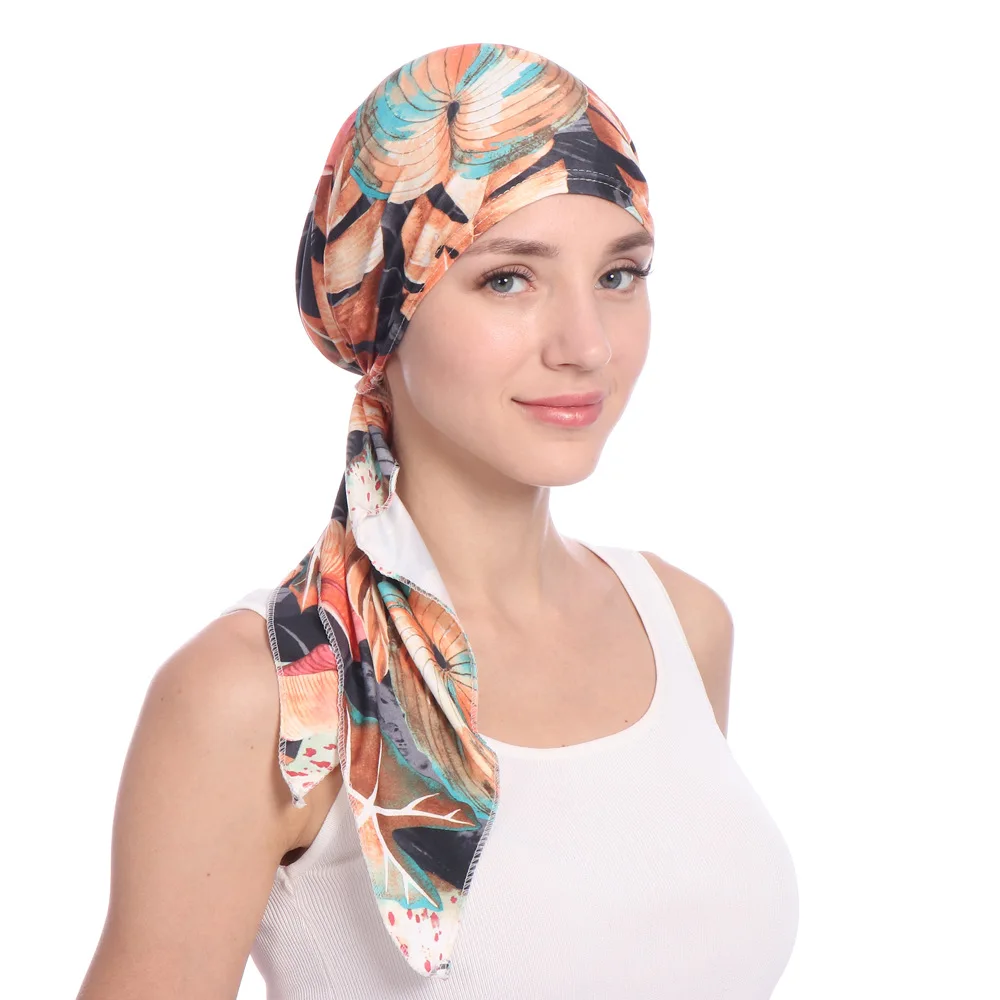 Muslim Women Cotton Soft Print Turban Hat Cancer Chemo Beanies Bonnet Caps Pre-Tied Scarf Headwear Headwrap Hair Accessories