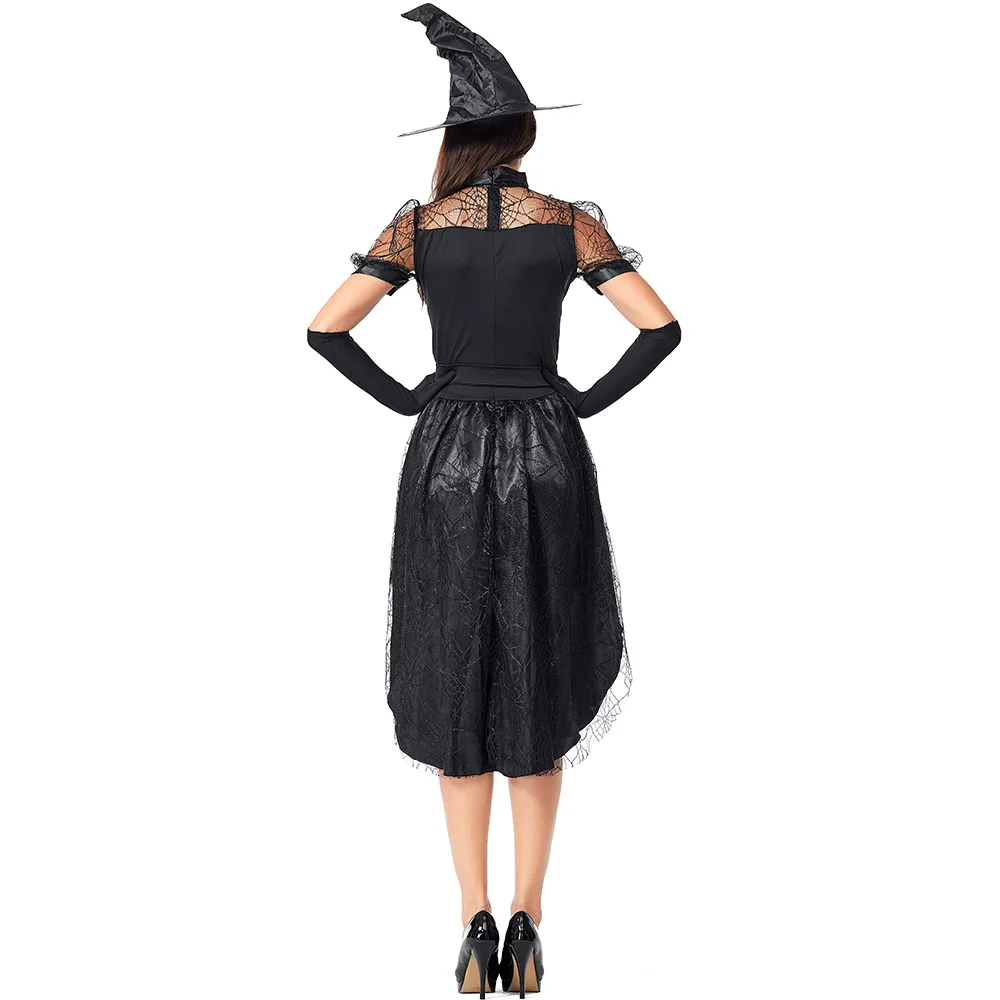 New Black Sexy Witch Costume Women Halloween Party Party Stage Dress Witch Cosplay for Adult girls dress + belt +gloves + hat