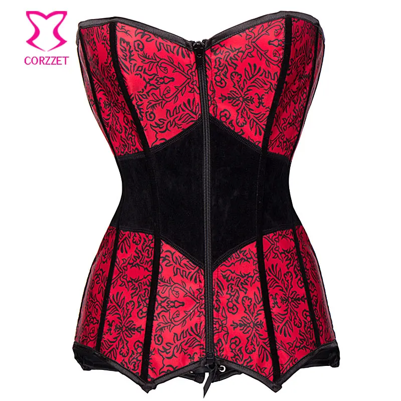 

Corzzet Red Satin Floral Print Zipper Overbust Corsets And Bustiers Waist Trainer Steampunk Sexy Gothic Corpetes E Espartilhos