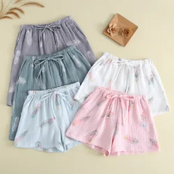 New Summer Couple 100% Cotton Gauze Crepe Shorts Feather Printing Lounge Sleep Shorts Men and Women Bottoms Lounge Pants