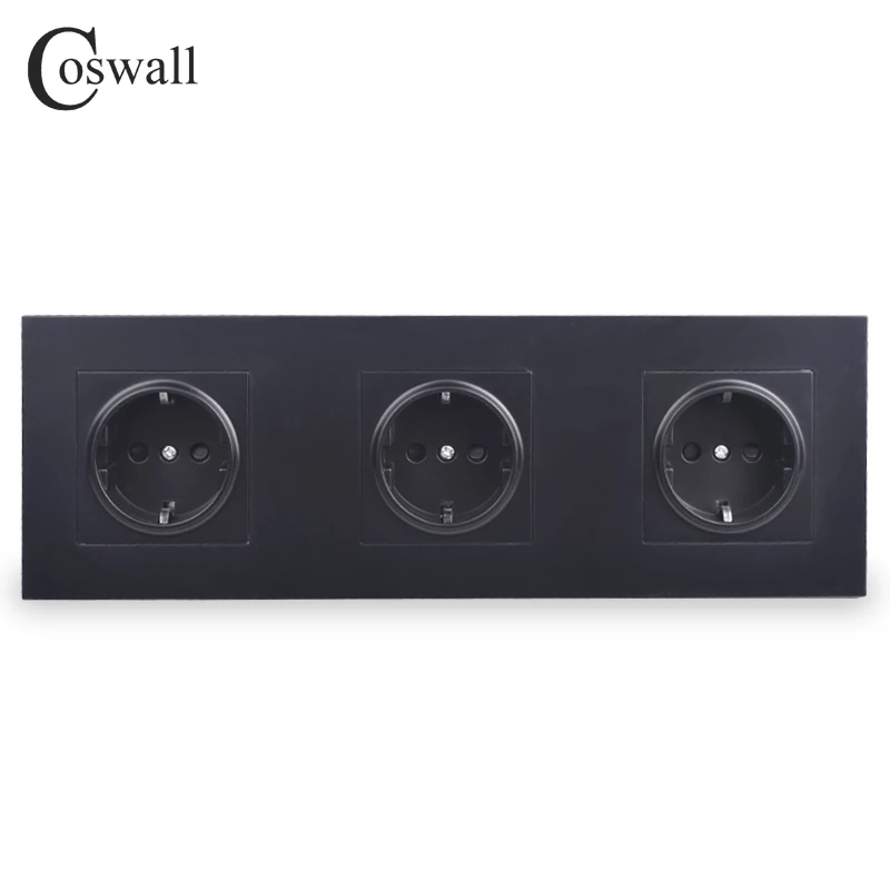 COSWALL Wall Power Socket Grounded 16A EU Standard Triple Outlet With Children Protective Door Black White Gold Grey PC panel