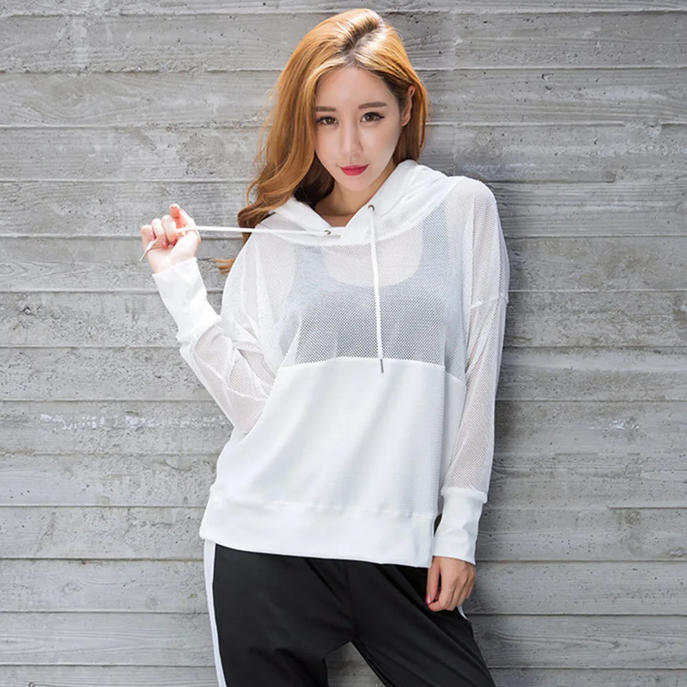 Fashion Women Mujer Sexy Mesh Hooded T-Shirt Quick-Drying Fitness Running Gym Yoga Top Casual Long Sleeve Transparent Hoodies