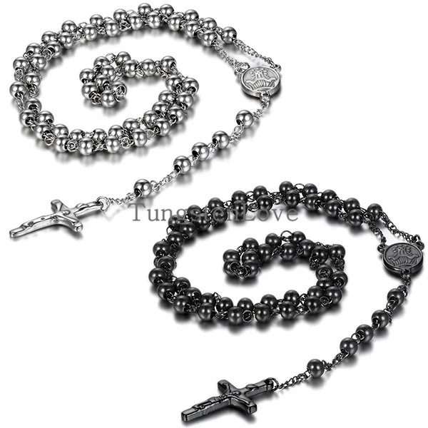 Vintage Mens Stainless Steel Necklace Long Link Bead Chain Silver Color Rosary Jesus Christ Crucifix Cross (with Gift Bag)