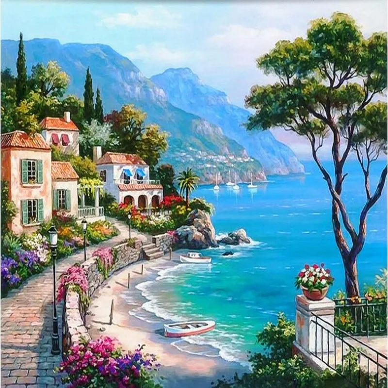 

wellyu Custom large frescoes Mediterranean seaside garden landscape oil paintings background wall non - woven wallpaper