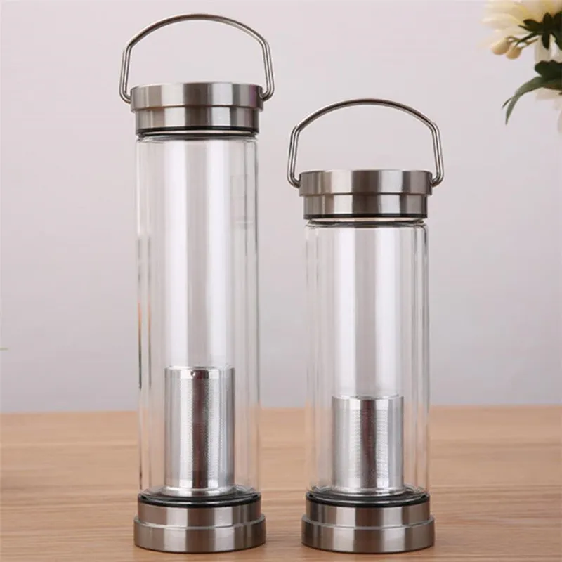 300ML 400ML Glass Water Bottle Glass Bottle with Stainless Steel Tea Infuser Filter Tea Separator Drinking Travel Glass Bottle