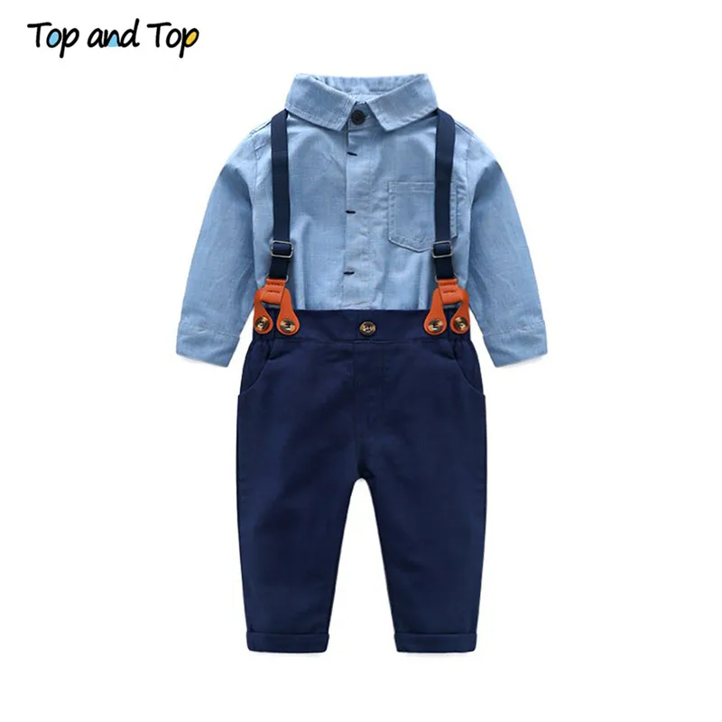 Ensemble de vêtements pour bébés garçons, barboteuse à manches longues + pantalon à bretelles, tenue décontractée pour fête de mariage, 2 pièces