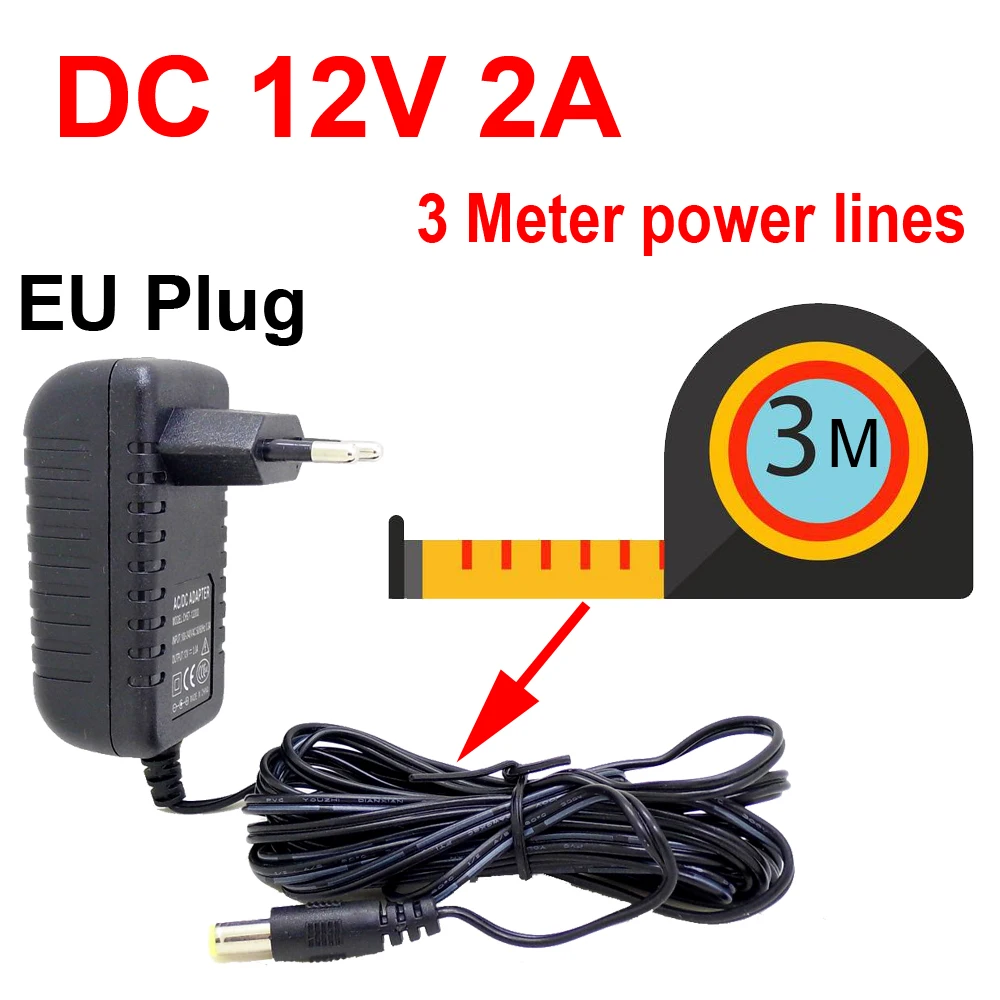 

3 метра вилка ЕС адаптер питания переменного/постоянного тока зарядное устройство 3 м кабель питания для камеры видеонаблюдения AC 100-240 В постоянного тока 12 В 2A (2,1 мм * 5,5 мм)