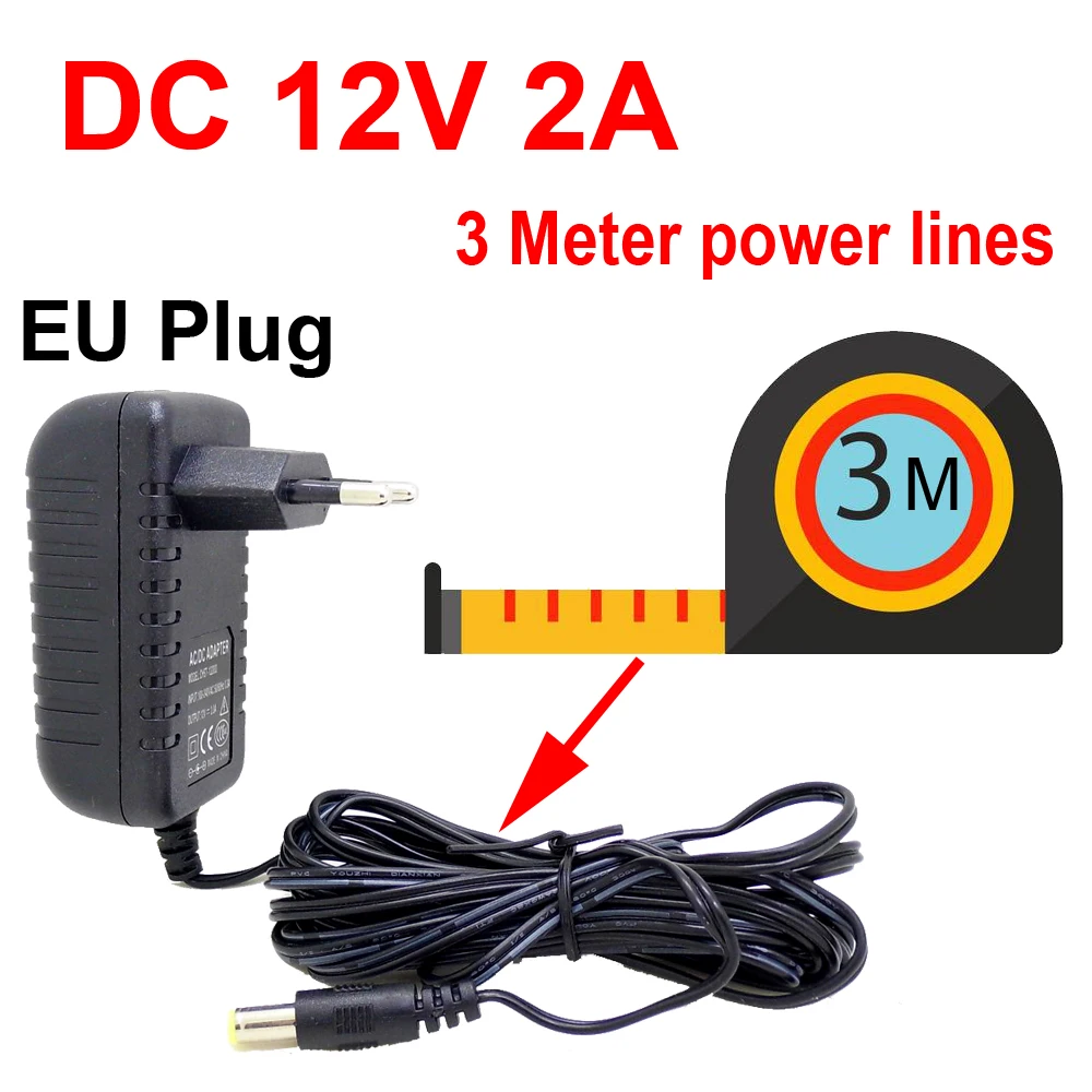 JIENUO 3 metros enchufe de la UE fuente de alimentación AC/DC cargador adaptador de corriente Cable de 3m para cámara CCTV de seguridad CCD 100-240V DC 12V 2A (2,1mm * 5,5mm)