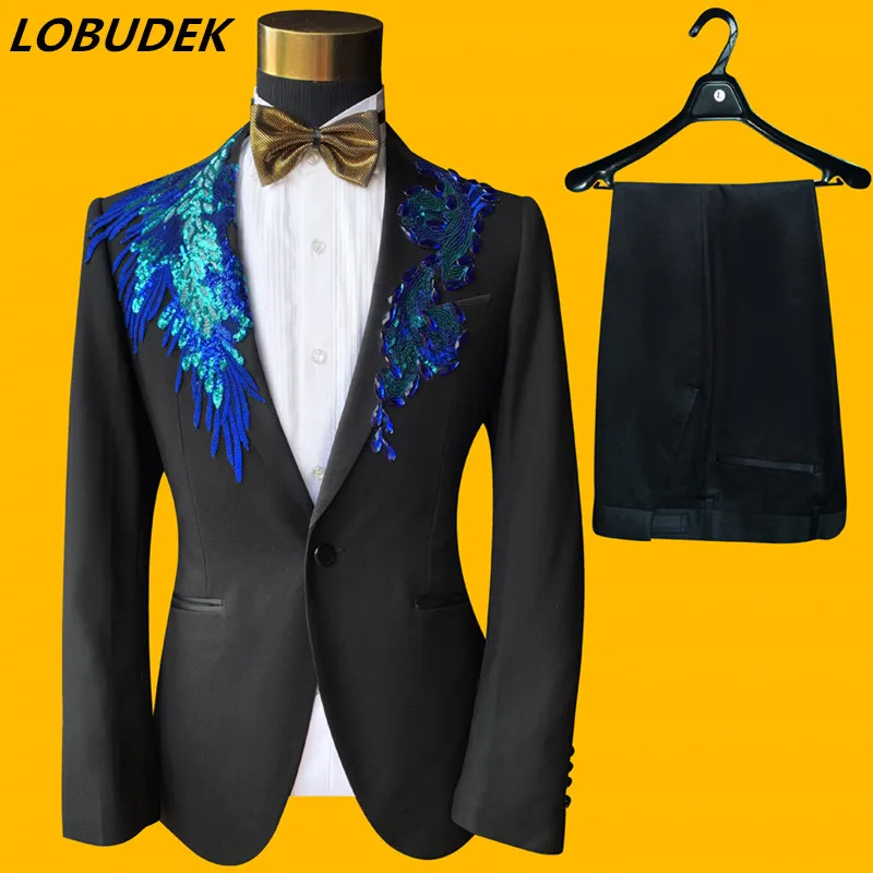 Blue/Red/Gold/Purple Sequins Crystals Blazers Men's Suits Wedding Formal Dress Evening Party Singer Host Performance Costume