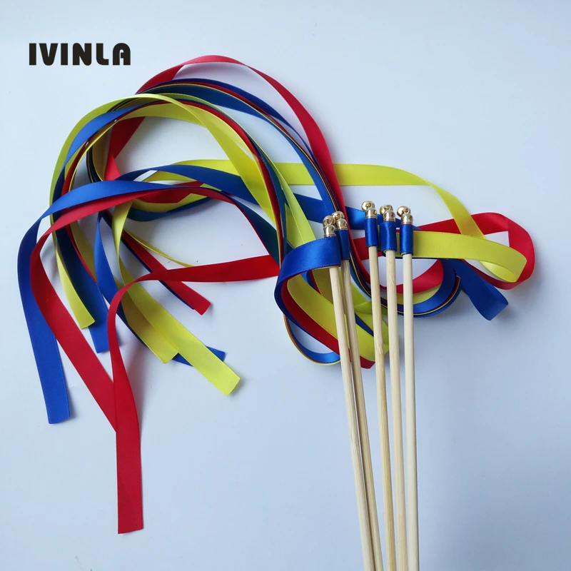 

Hot selling yellow red and blue Wedding ribbon Wands stick Streamers with gold Bells for wedding decoration