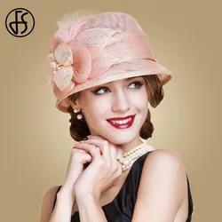 FS Sinamay Hüte Frauen Rosa Fedoras Blumen Wide Brim Derby Hut Fascinator Für Hochzeit Kirche Party Damen Chapeu Feminino