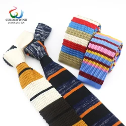 Inverno Mens Knit 5.5cm stretto collo sottile cravatta a righe blu scuro colorato tessuto cravatte piatte partito affari Cravate vestito stile libero Set