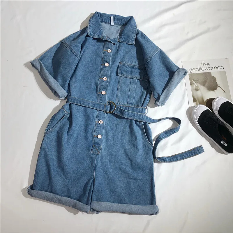 Wanita Musim Panas Kasual Denim Baju Monyet Jeans Keseluruhan Tinggi Pinggang Bf Lebar Kaki Jumper Kerah Saku Celana Pendek Jumpsuit Playsuit Baju