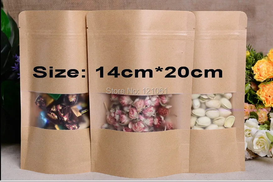 

14*20cm,100pcs/lot,Stand-up Kraft Paper Bag with Window ,Kraft Zipper Paper Bag,Kraft Paper Bag