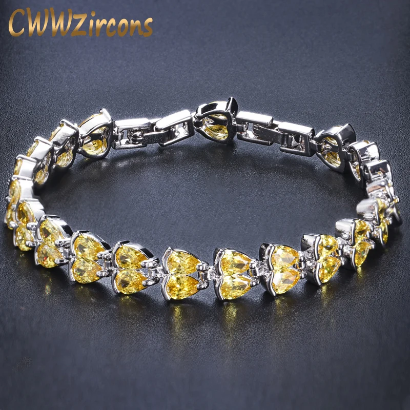 

CWWZircons Two lines Silver Color Water Drop Yellow Cubic Zirconia Stones Elegant Female Party Bracelets for Wedding CB107