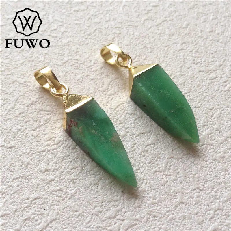 FUWO Wholesale Natural Chrysoprase Point Pendant,Golden Plated Green Stone Accessories For Women Jewelry Making 5Pcs/Lot PD201