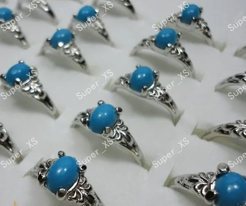 300Pcs/Lot Blue Malay Jade Light Sky Blue Turquoise Silver Plated Rings for Women Whole Jewelry Bulk Rings Lots LR056