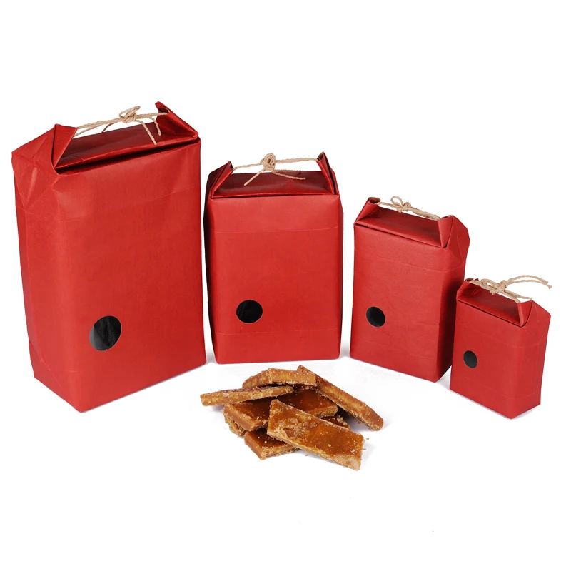 10pcs Moistureproof Red Brown Kraft Paper Gift Bags Box Clear Window Standing Up Kraft Paper Packaging Bag with Rope Handle