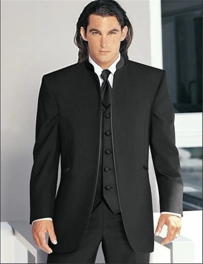 

Custom cheap Black New Groom Tuxedos Mandarin Collar Groomsmen dress Men Wedding Suits(Jacket+Pants+Tie+Vest)vestido de noiva