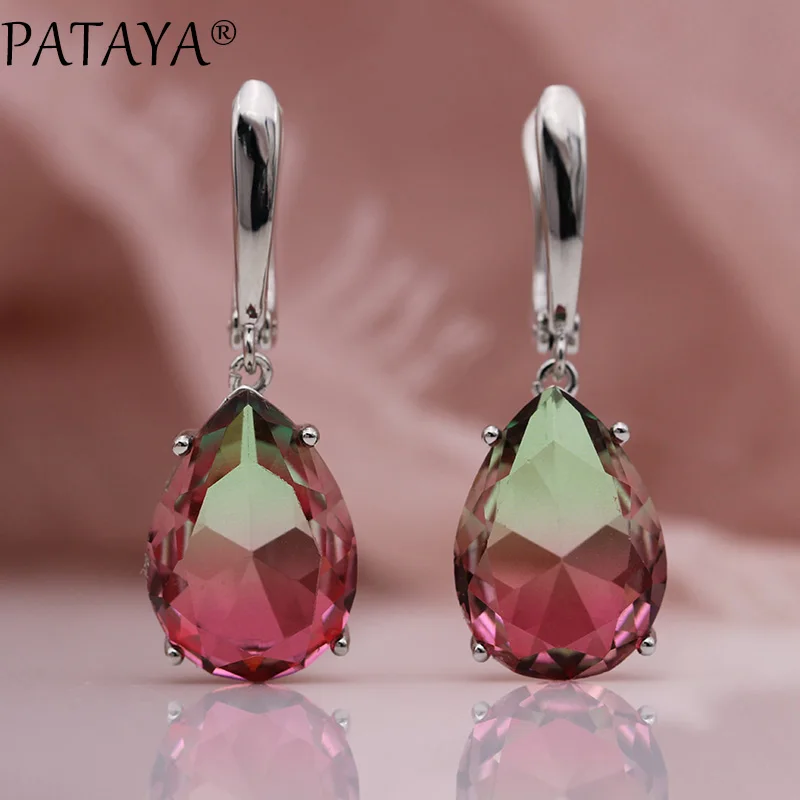 PATAYA New True White Gold Water Drop Tourmaline Color Natural Zircon Long Dangle Earrings Rings Sets Women Wedding Jewelry Set