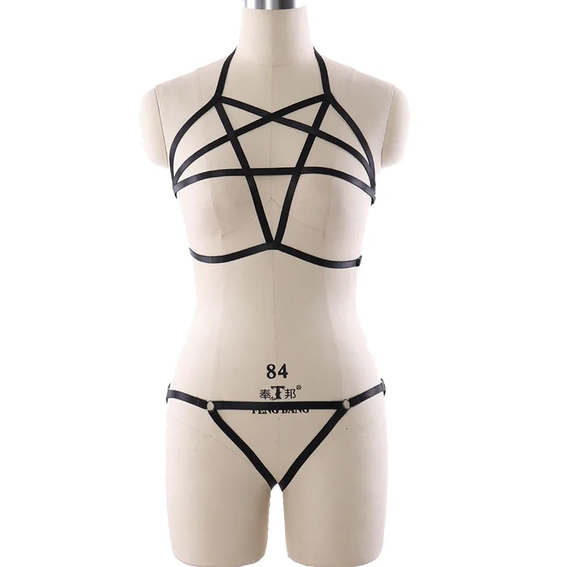 BODY HARNESS Goth Fetish Pole Dance Wear Pentagram Cage Bra Black Adjust Sexy Lingerie T-back Bondage Belt Body Harness Set