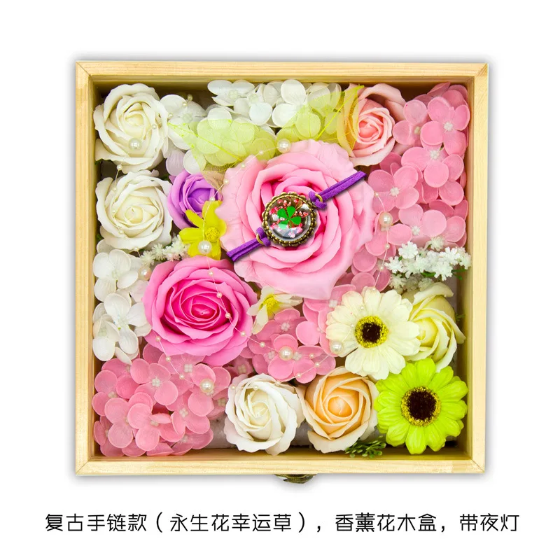 Exquisite Flower Gift Box Soap Flower Material Eternal Flower Bracelet Night Light Wooden Box Gift Set Handicraft Art Custom