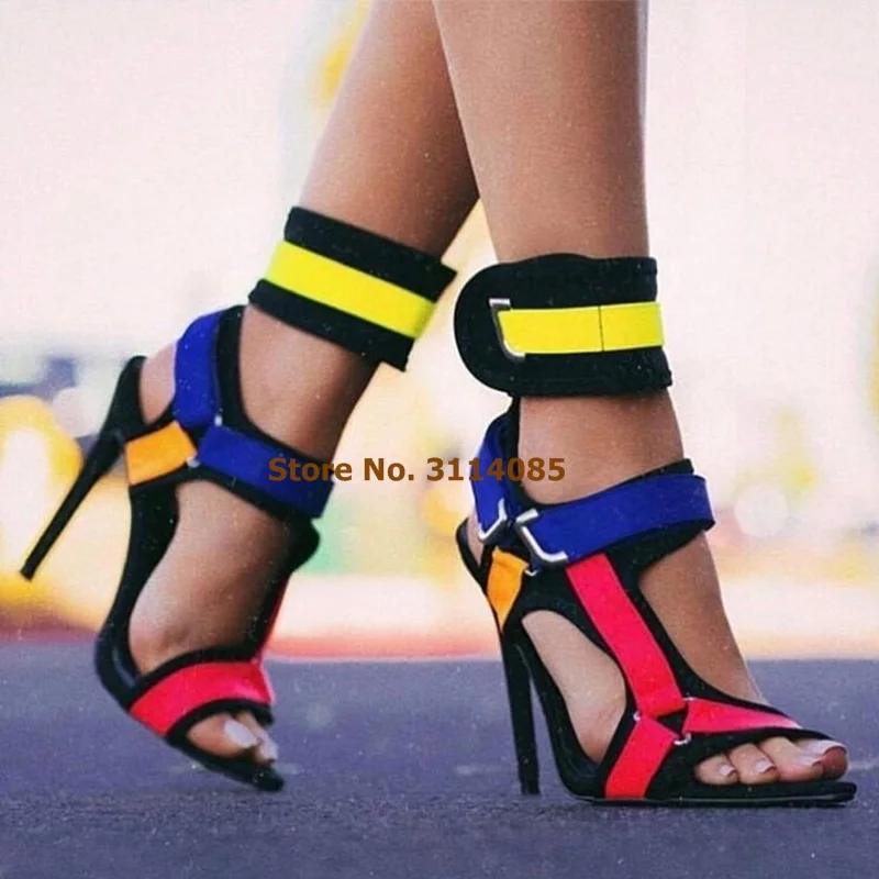 

New Year Arrival Color Patchwork Buckle Strap Sandals Metal Decoration Stiletto Heels Wedding Shoes Pink Blue Yellow Dress Pumps