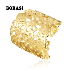 BORASI New Flowers Big Rings For Women 316L Stainless Steel Gold-Color Jewelry Fashion Ring Wedding Rings Anniversary Gift