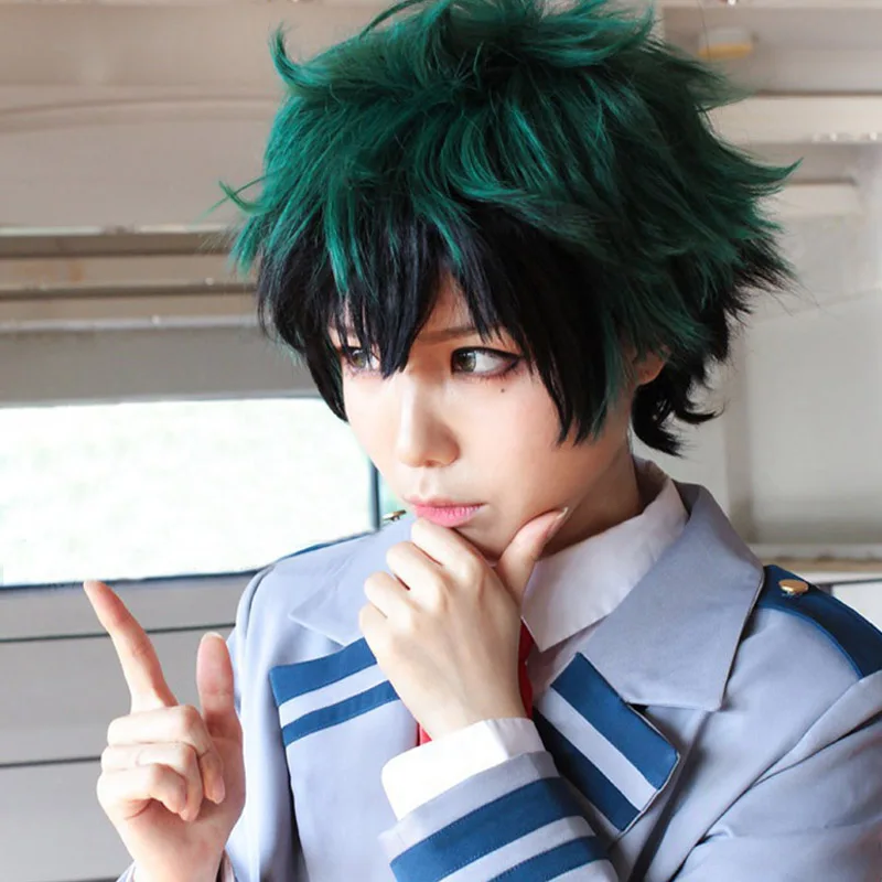 Boku no Hiro Akademia Izuku Midoriya Parrucca corta verde nera Ombre resistente al calore + pista + cappuccio