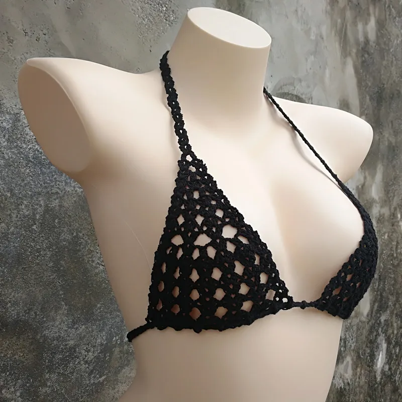 Crochê artesanal micro conjunto de biquíni sexy lingerie conjunto banho banho de sol preto