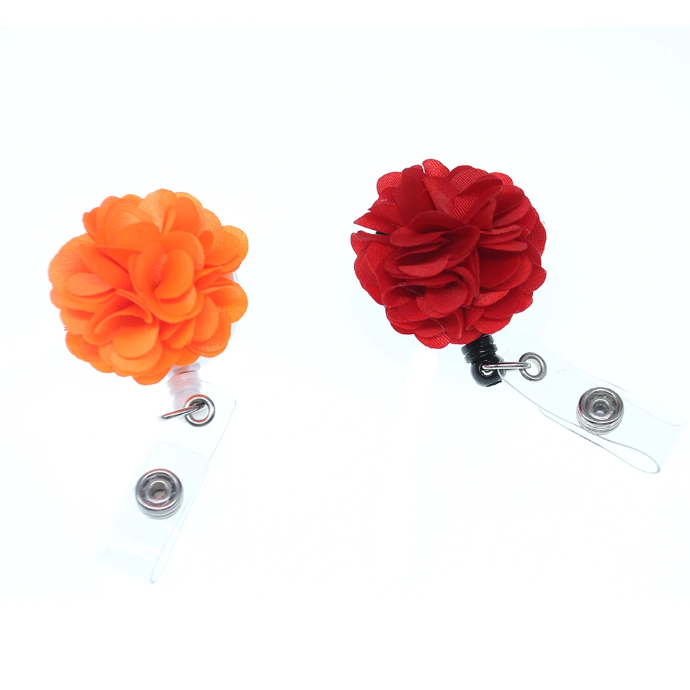 100pcs red and orange bloom fabric flower Retractable ID Badge Reel/Holder for gift/party/nurse