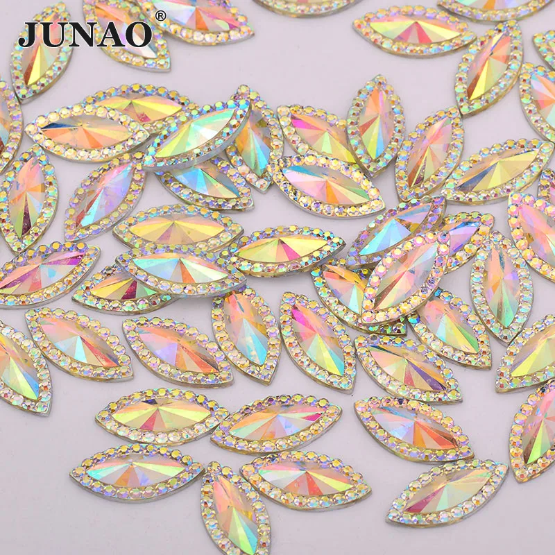 JUNAO 7x15mm 9x20mm Glitter AB Rhinestones Applique Resin Stones Non Sewing Strass Crystals Horse Eye Flat Back Gems for Crafts