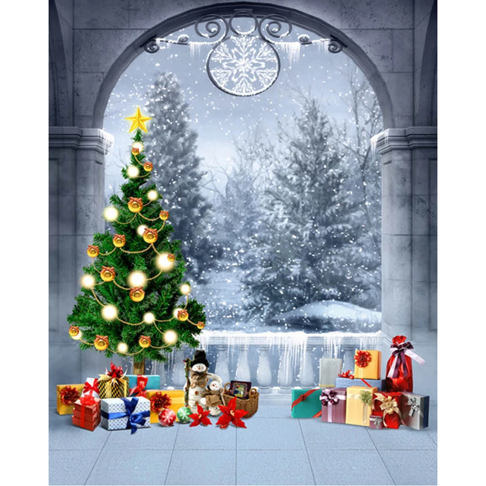 

Vintage Castle Balcony Winter Snowflakes Photo Background Printed Christmas Tree Gift Boxes Snowman Kids Holiday Party Backdrops