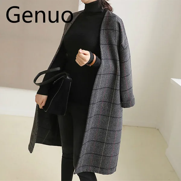 

UK Women Woolen Coat Autumn Winter Cassic Simple Long Plaid Cardigan Coat Trenchcoat Wool Coat All Match Vintage