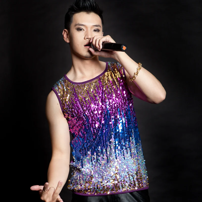 

Men's Performance Fashion T-shirt Bar Stage Clothing Male And Female Singers DS Colorful Gradient Sequins Sleeveless Short Tops