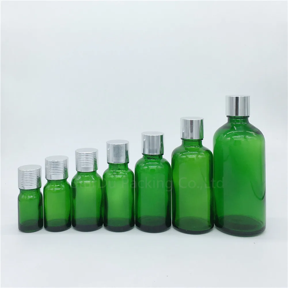 

500PCS 5ml/10ml/15ml/20ml/30ML/50ml/100ml Green Glass Bottle Vials Essential Oil Bottle With Silvery Screw Cap Perfume Bottles