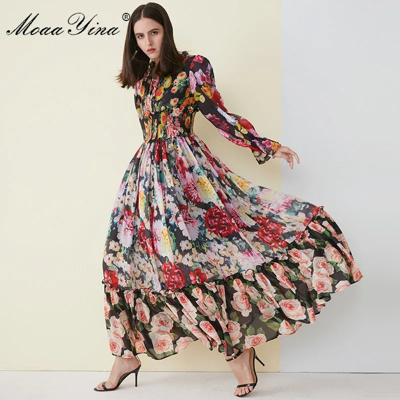 MoaaYina High Quality Women\'s Summer Beach Chiffon Ruffled collar Dress Elegant Elasticity Waist Print Runway Maxi Long Dress