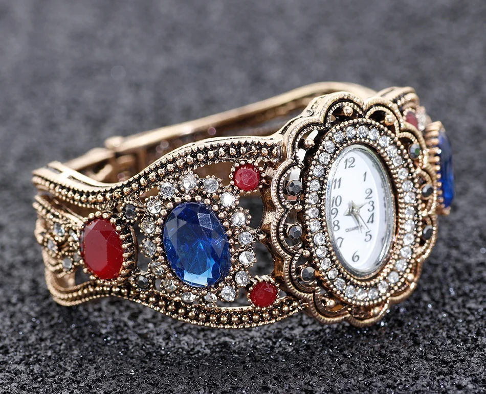 SUNSPICE-MS Quartz Wristwatch Retro Vintage Bangle Cuff Watch Women Antique Gold Color Hollow Flower Indian Jewelry Gray Crystal