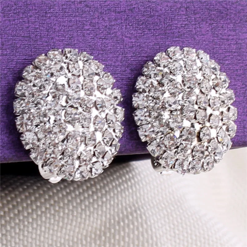 Grace Jun  New Fashion Bridal Rhinestone Large Round  Clip on Earring No Pierced for Women Elegant Statement Earrings