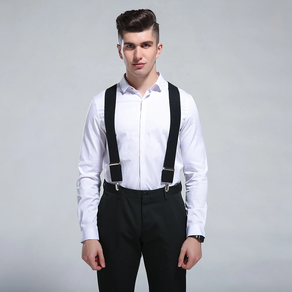 HUOBAO Vintage Black 5cm Wide Men's Suspenders X-Shape Trousers  Man Braces Strap Men Braces 4 Clip Elastic Male Suspenders