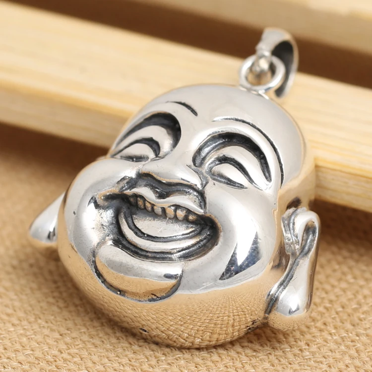 

Handcrafted 925 Silver Tibetan Laughing Buddha Head Pendant vintage sterling silver Happy Buddha Pendant Lucky Amulet