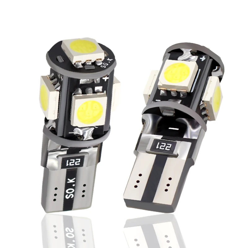 20pcs T10 LED Canbus 5 Chips 5050 SMD W5W 194 Error Free White Automotive Car Wedge Dome Reading License Plate Light Lamp DC 12V