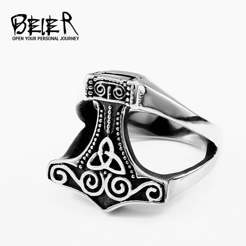 BEIER stainless steel character geometry thor\'s hammer mjolnir Viking ring for man`s gift Punk rock Jewelry boy`s gift  BR8-624