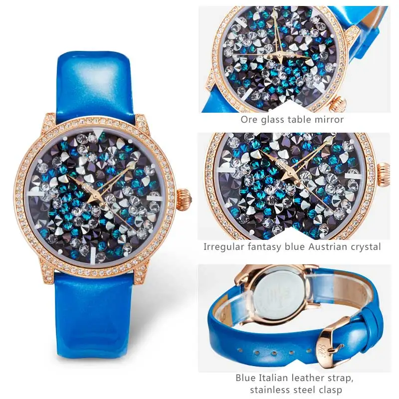 Princess Butterfly Luxury Watch for Women Sparkling Rose Gold Crystal Dial Blue Strap Fashion Quartz Designer Ladies Watch