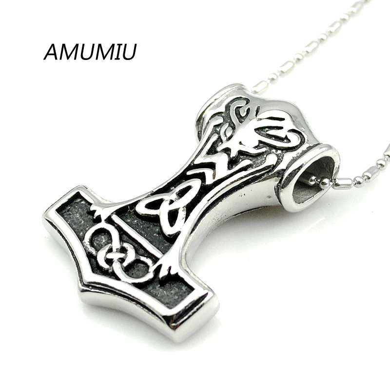 AMUMIU Fashion Thors Hammer Celtic Knot Myth Mjolnir Stainless Steel Pendant with Chain Necklace Punk Rock Music HZP072B